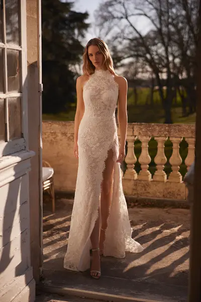 high neck wedding dress with open back Goldie